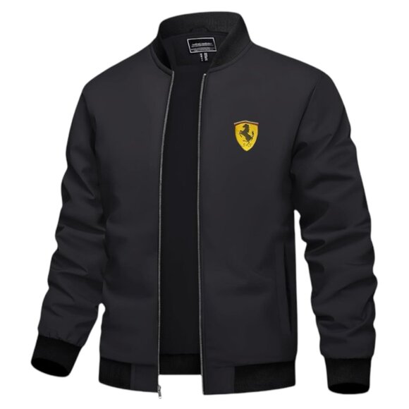 Men's Ferrari Car Logo Embroidered Light Weight Bomber Jacket -Black